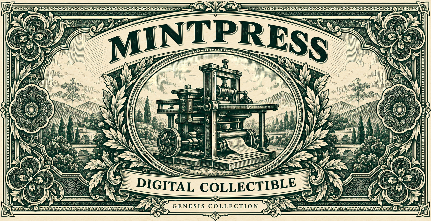 MintPress Genesis collectible: an engraved antique printing press on an ornate green and ivory banknote